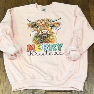 Oversized Pink Merry Christmas Highland Cow Sweatshirt, X-Large NWT
